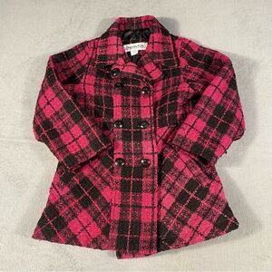 London Fog Girl’s Pink and Black Plaid Peacoat Jacket, black lining, size 6